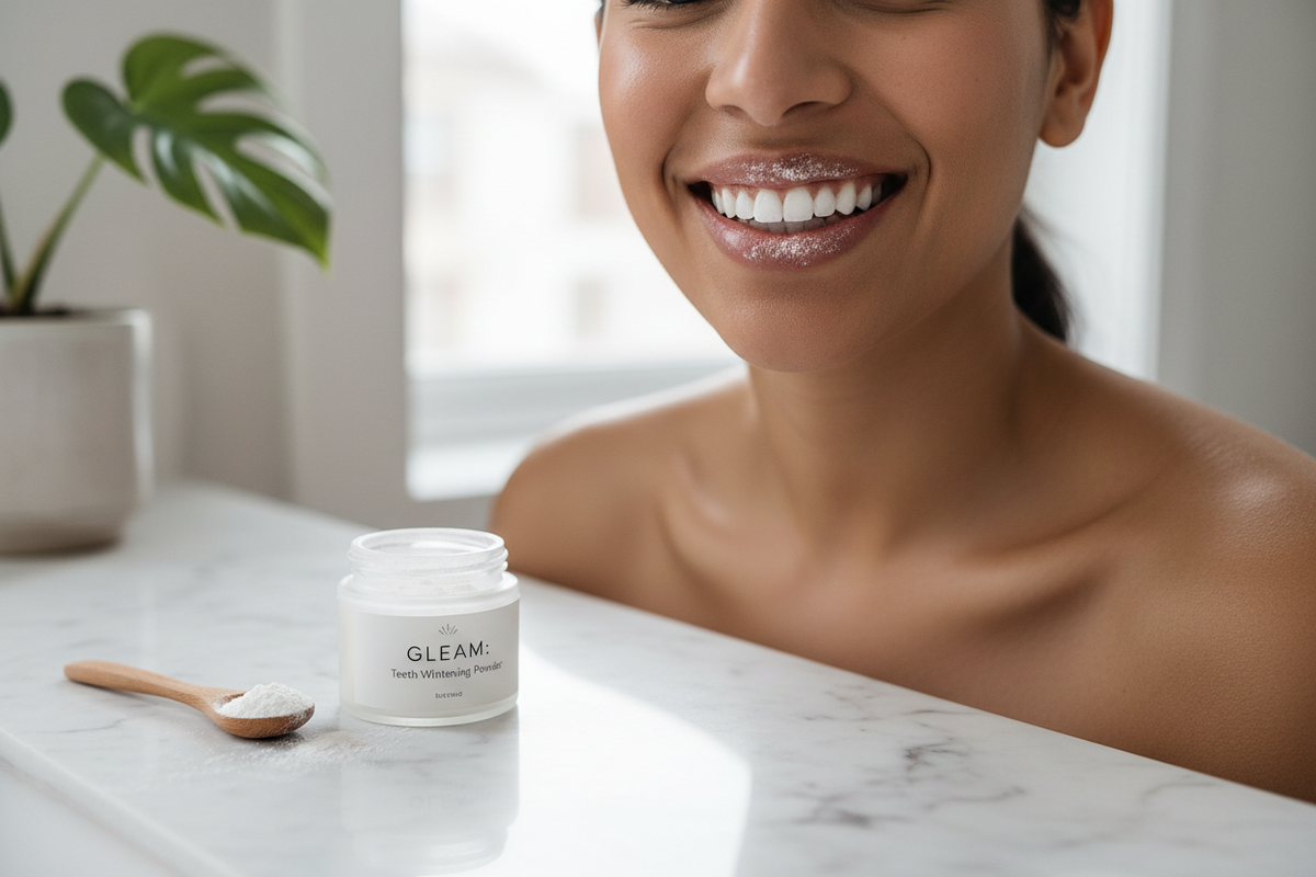Teeth whitening powder on a marble bathroom counter with a bright confident smile